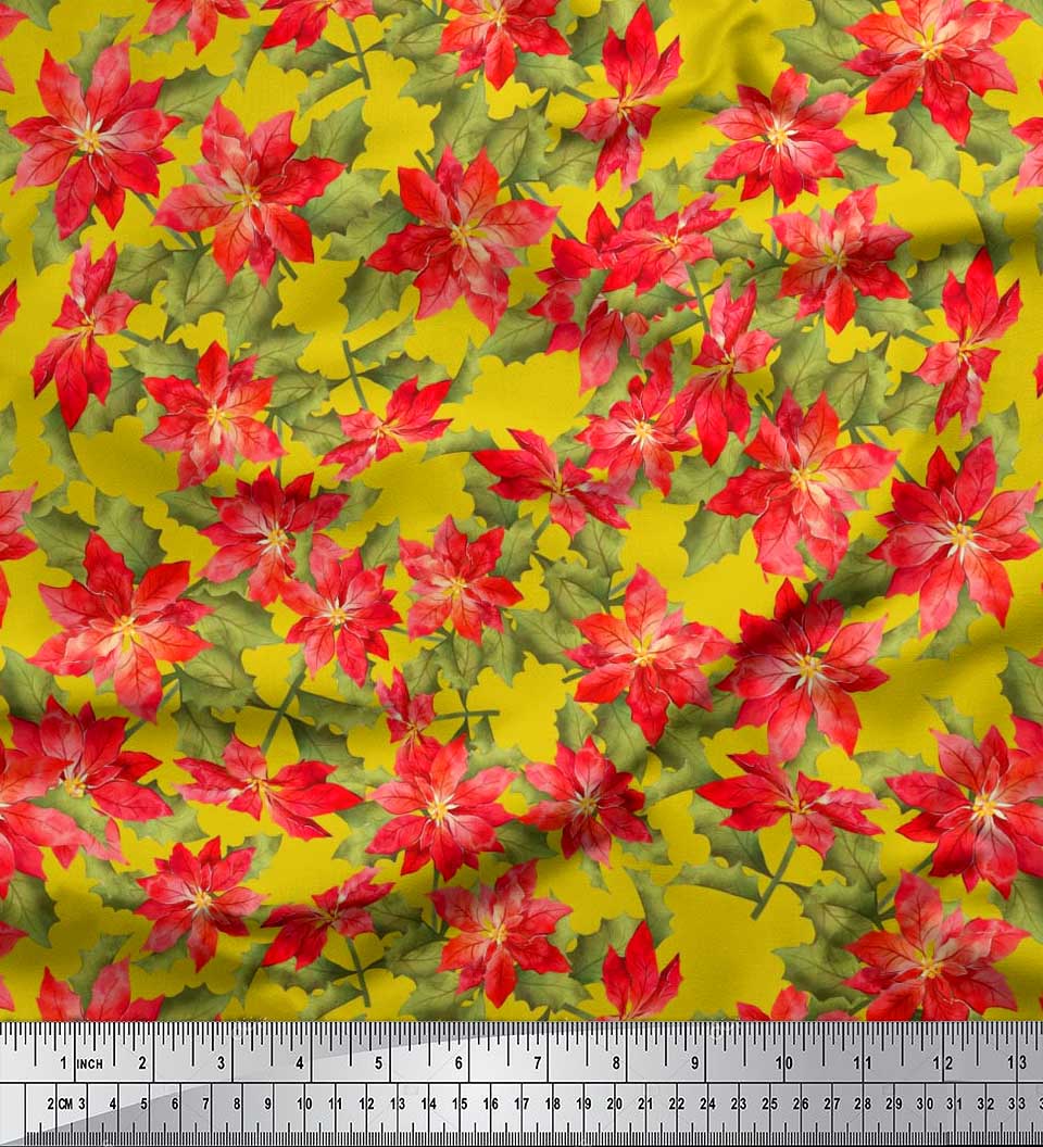 

Японська креп-атласна тканина Soimoi з листям падуба та квітковим принтом пуансетії Тканина на метри 42 дюйма 42 Inch Wide - Poly Crepe жовтий