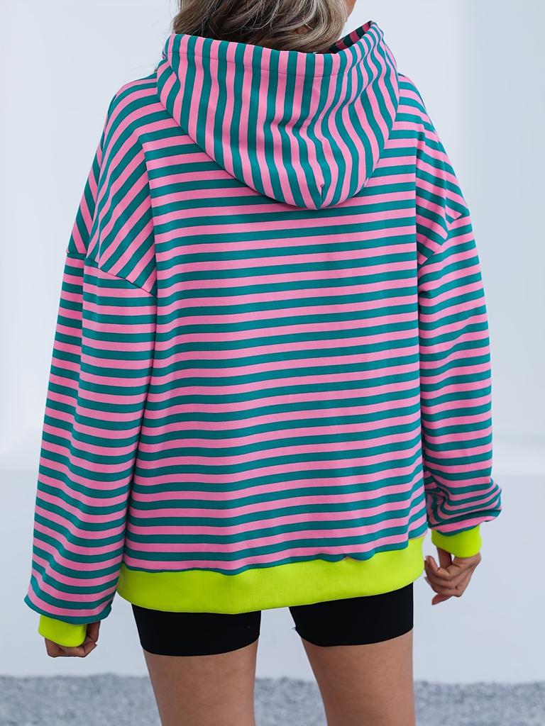 European and American women's clothing autumn and winter new striped hooded contrasting color loose long-sleeved sweater