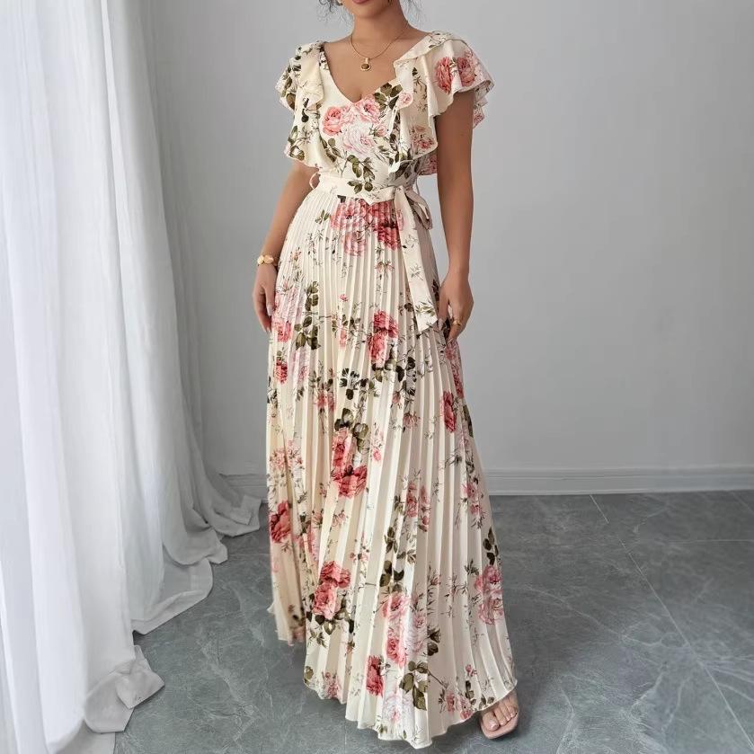 Europe and the United States hot summer women's digital printing pleated holiday wind lotus leaf edge waist elegant romantic women's dress