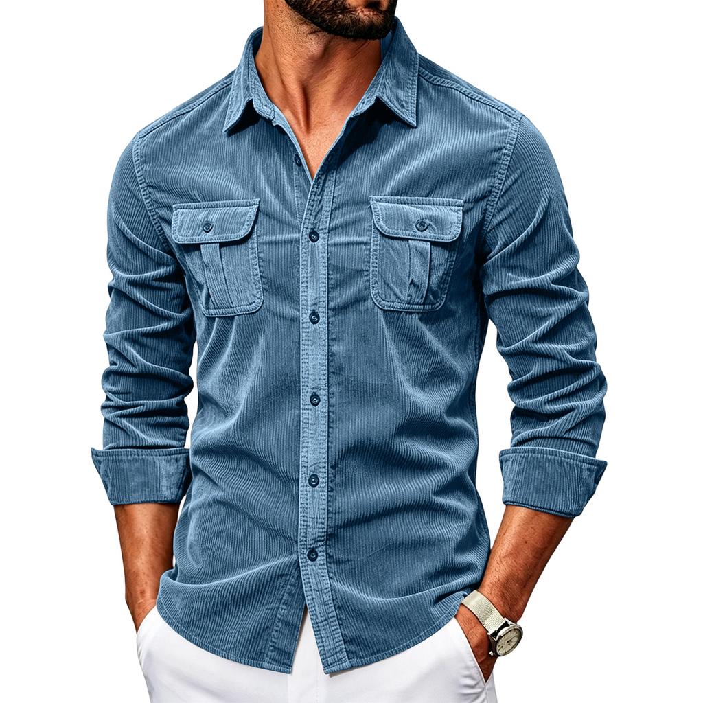 Men's Corduroy Shirt Slim Fit Long Sleeve Button Down Casual Business Shirt Two Chest Pockets Classic Collar Soft Fabric