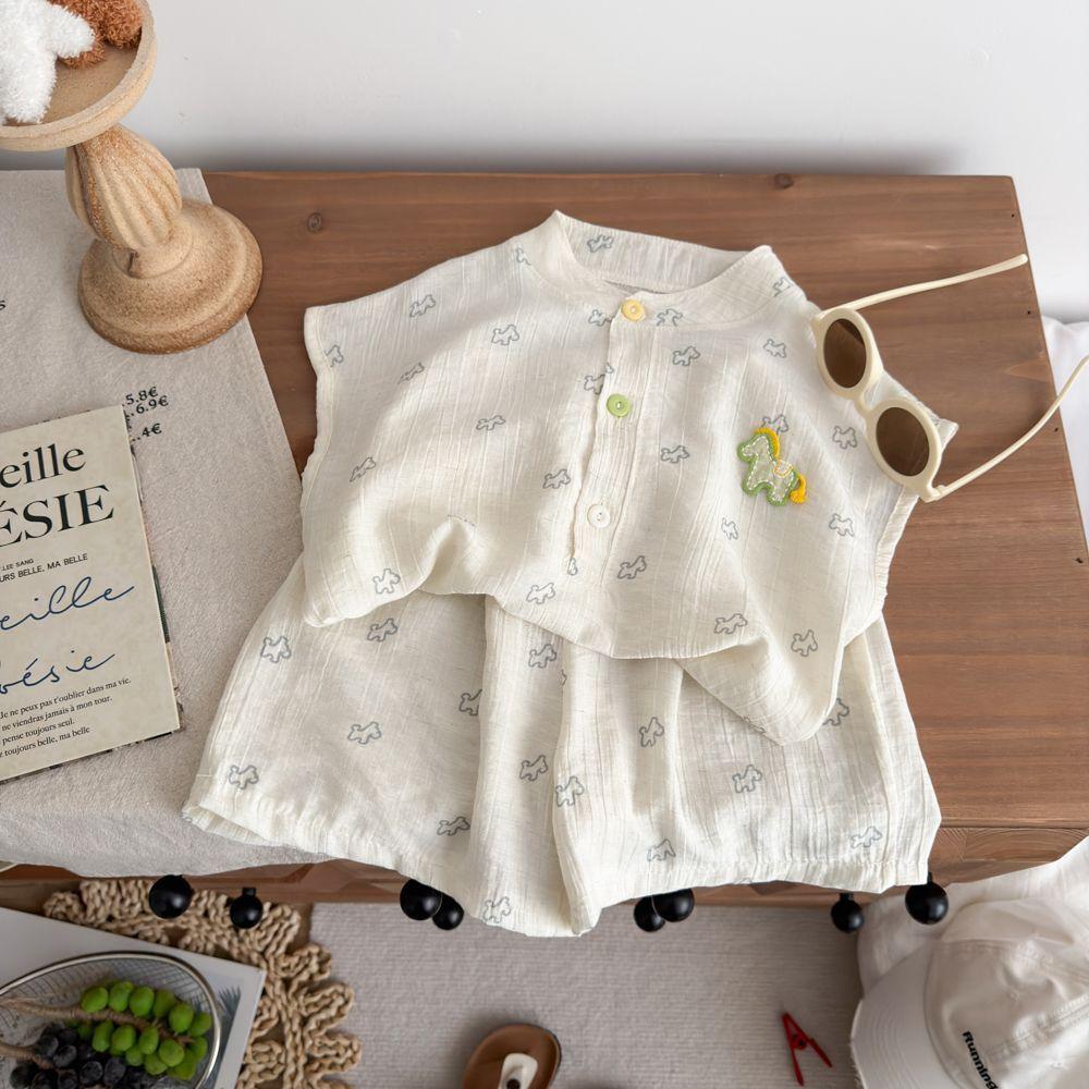 Kids Summer Linen Short Sleeve Set Cartoon Pony Print Breathable Casual Two Piece Outfit 73