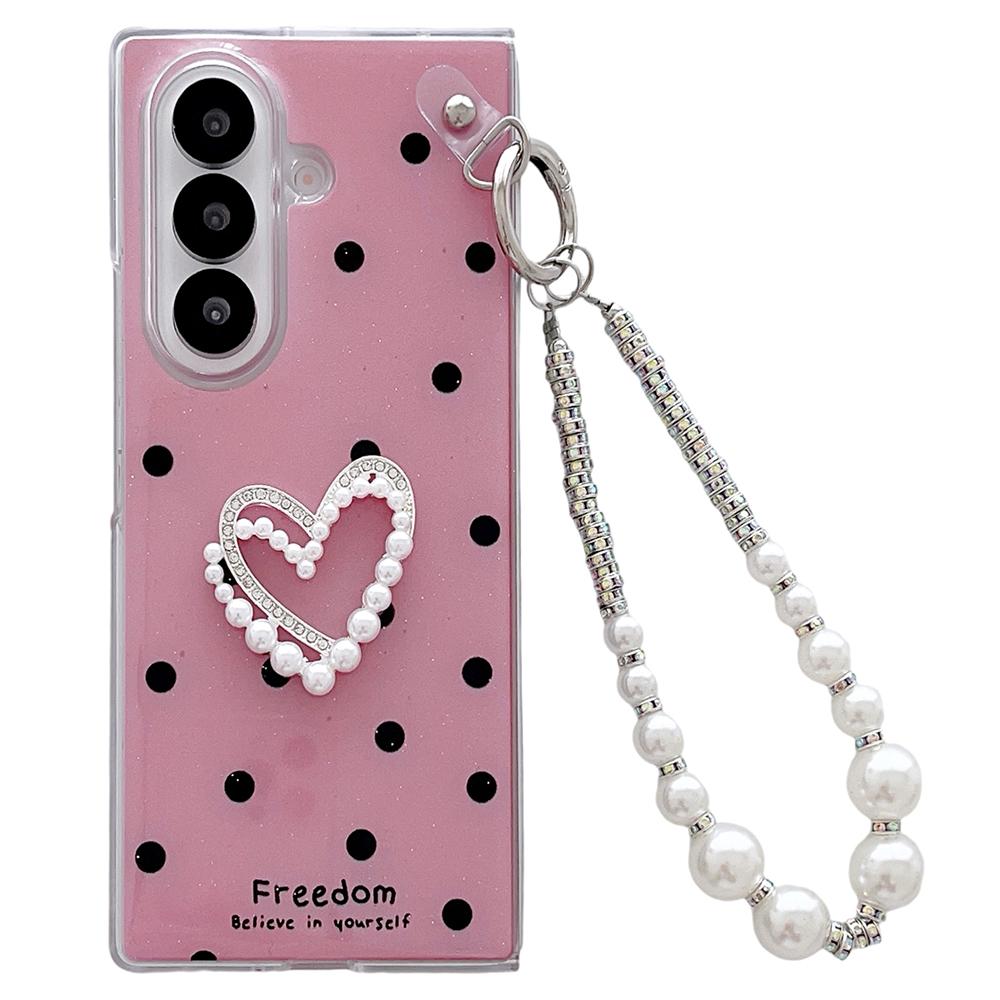 For Samsung Galaxy Z Fold7 5G Case Glitter DIY Heart Charm Phone Cover with Wrist Strap
