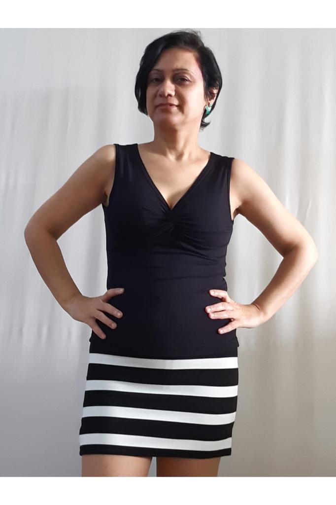 Women's Style Big Size T-Shirt Twisted Front Black Combed Viscose Badi