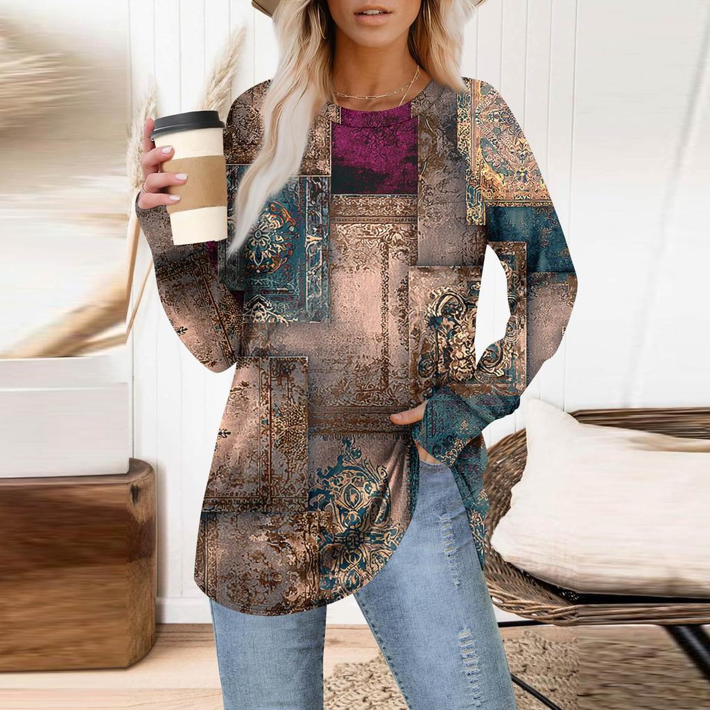 Womens Oversized Sweatshirt Graphic Sweater Long Sleeve Drop Shoulder Round Shirt Tops Vintage Clothes