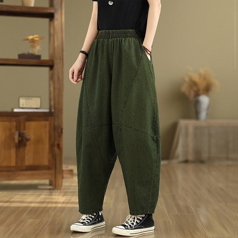 Spring and Autumn Women's Loose Plus Size Casual Loose Retro Street Jeans High Waist Brown Green Denim Pants Universal Harem