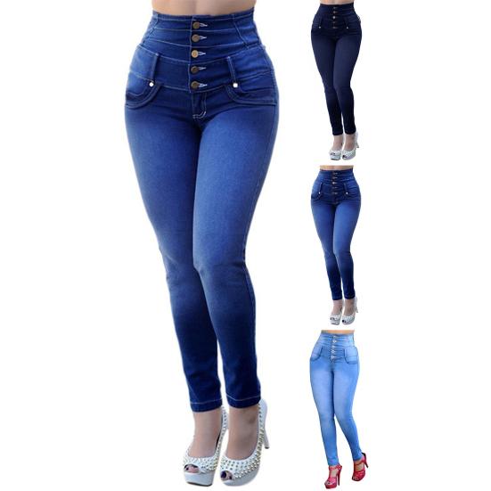 Women Jeans Solid Color Slim Fit Denim High Waist Summer Pants Female Clothes