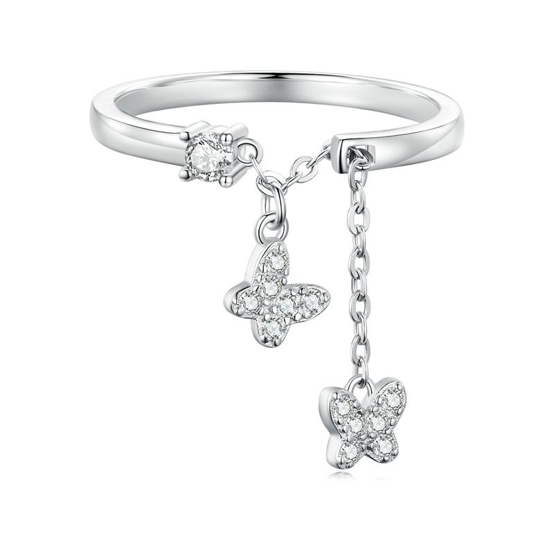WOSTU 925 Silver Butterfly Link Open Rings For Women Delicate Shiny Zircon Adjustable Ring Fine Party Jewelry Gift