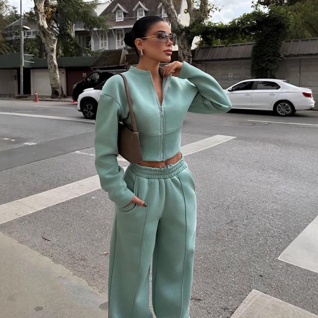 Cross-border European and American casual women's clothing fashion waist sexy zipper cardigan jacket lace-up trousers spring and autumn two-piece set