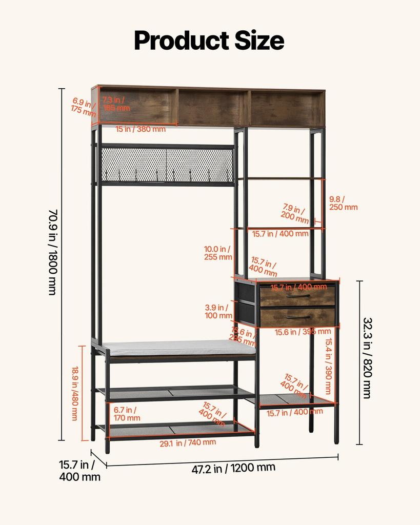 Hall Tree, 1800 mm Coat Rack with Shoe Bench & 2 Drawers, 3-in-1 Freestanding Shoe Rack Storage Organizer with Bookshelf & Wire Shelf, Steel Frame