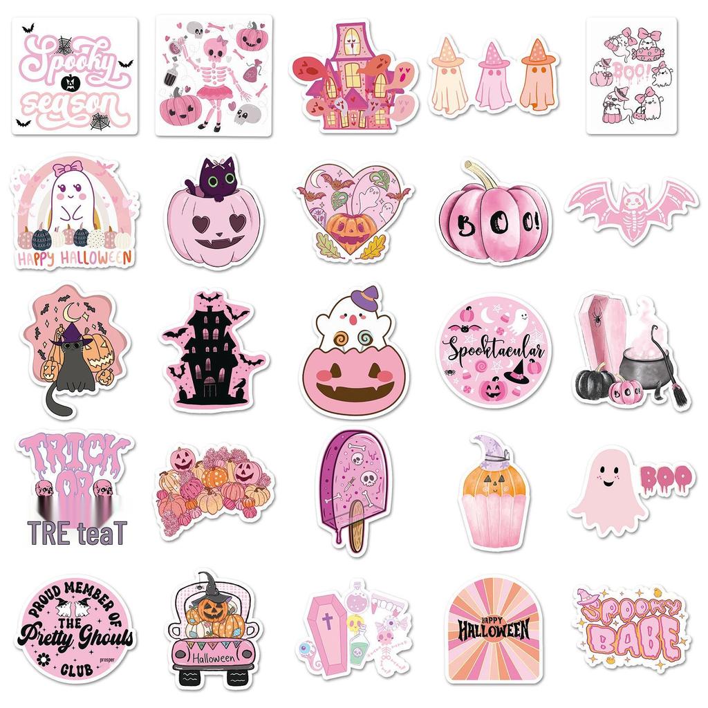 50 Pink Halloween Waterproof Stickers for DIY Cards, Journals, and Festive Decorations