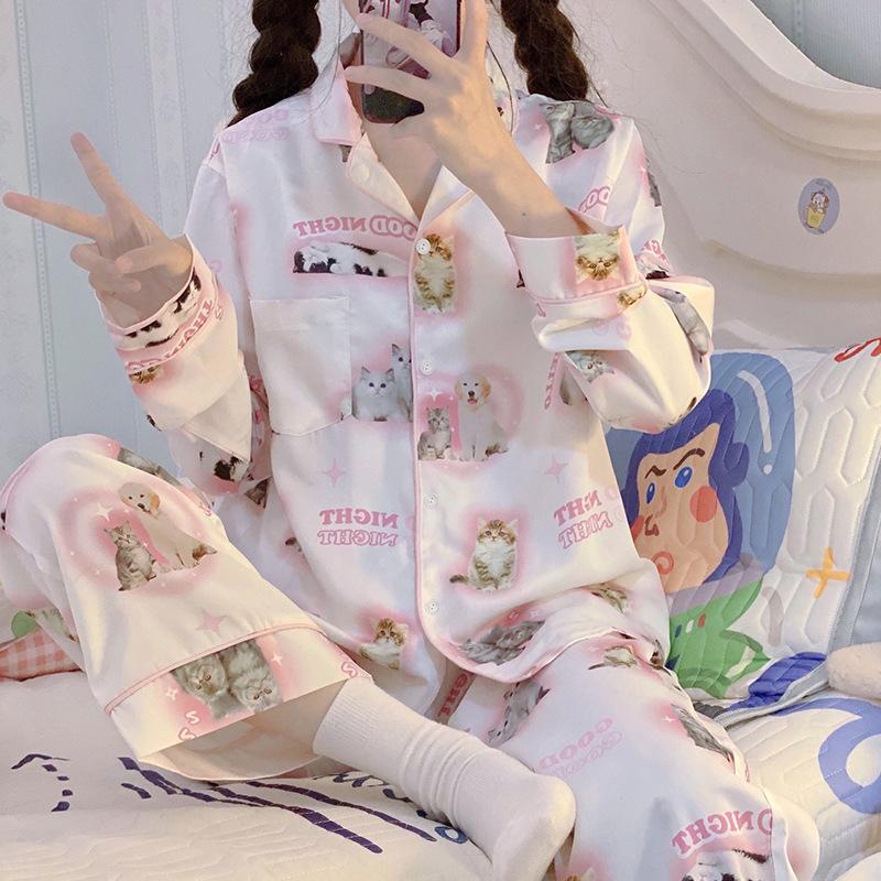 Ice Silk Pajamas Women'S High-End Cute Cat Long-Sleeved Thin Loungewear Fashion Suit