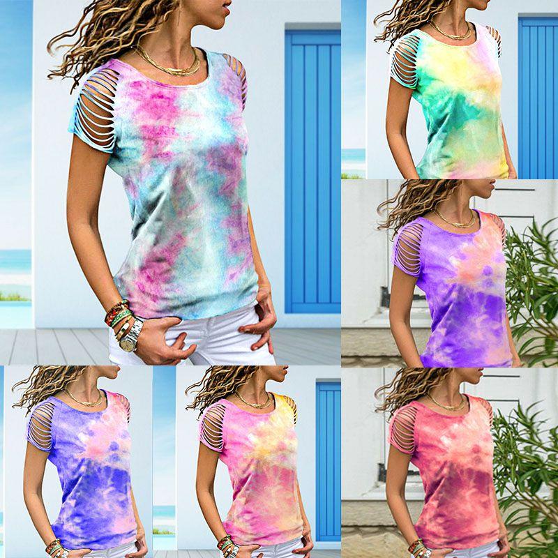 Womens Vibrant Tie-dye Printed Tops Casual Short Sleeve Blouse Perfect For Summer