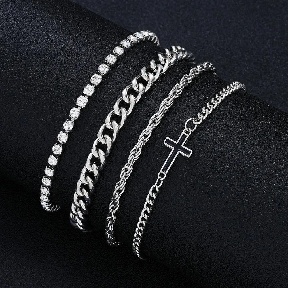 4PCS Men's Double Layer coppery Adjustable Cross Charm Zircon Bracelet Classic and Fashionable Punk Style