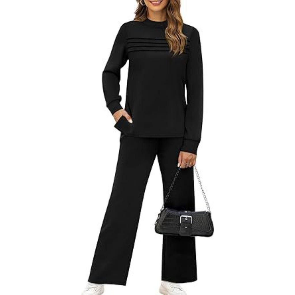 Ensemble de détente ample pour femme Sweatshirt rayé à manches longues et col rond Pantalon large à cordon de serrage