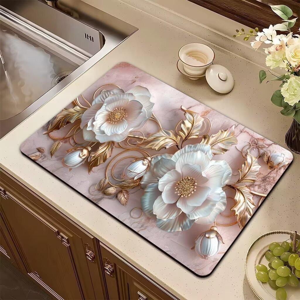 Saugfähige Matte Rosa Pflanze Blume Rose Abtropfmatte Küchengeschirr Trocknen Geschirr Rutschfester Teppich Geschirr