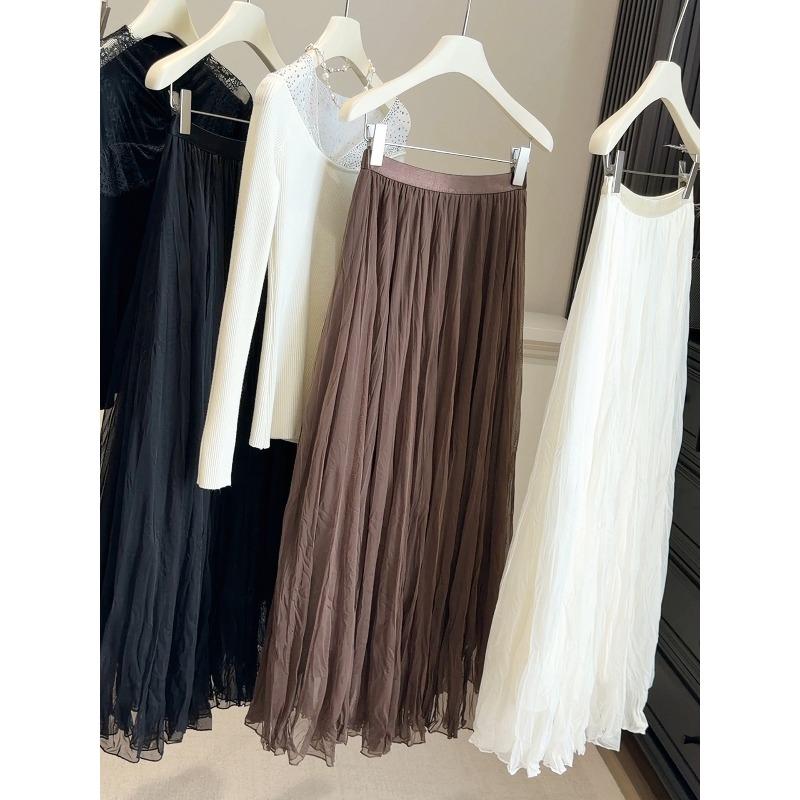 Early spring new fashion temperament versatile high sense A word pleated skirt women's drape mesh fairy skirt medium length skirt