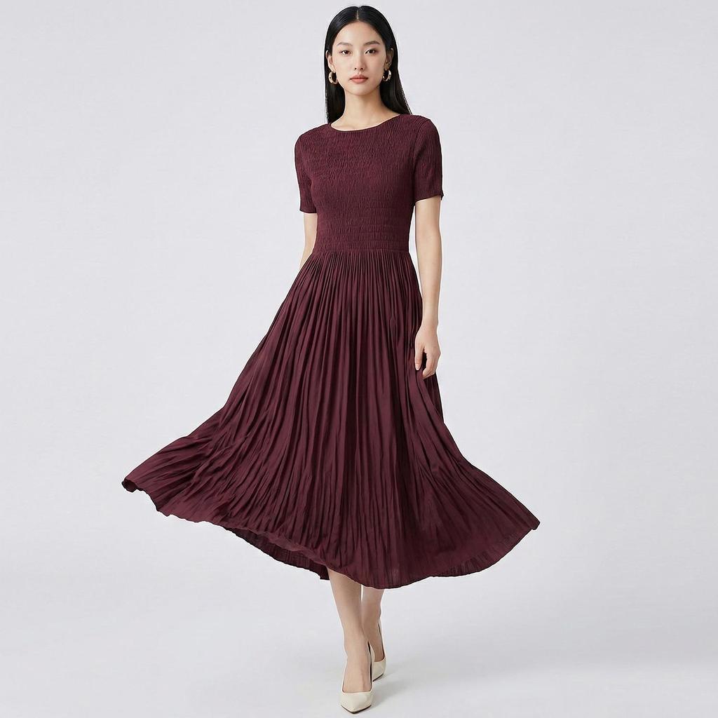 2026 Women's Summer A-Line Dress: High-End, Solid Color, Round Neck, Short Sleeve, High Waist, Slimming Miyake Style.