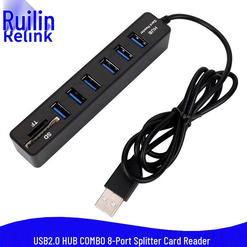 

USB Hub Splitter and Multifunctional USB 2.0 SD/TF Card Reader 8-Port USB Black