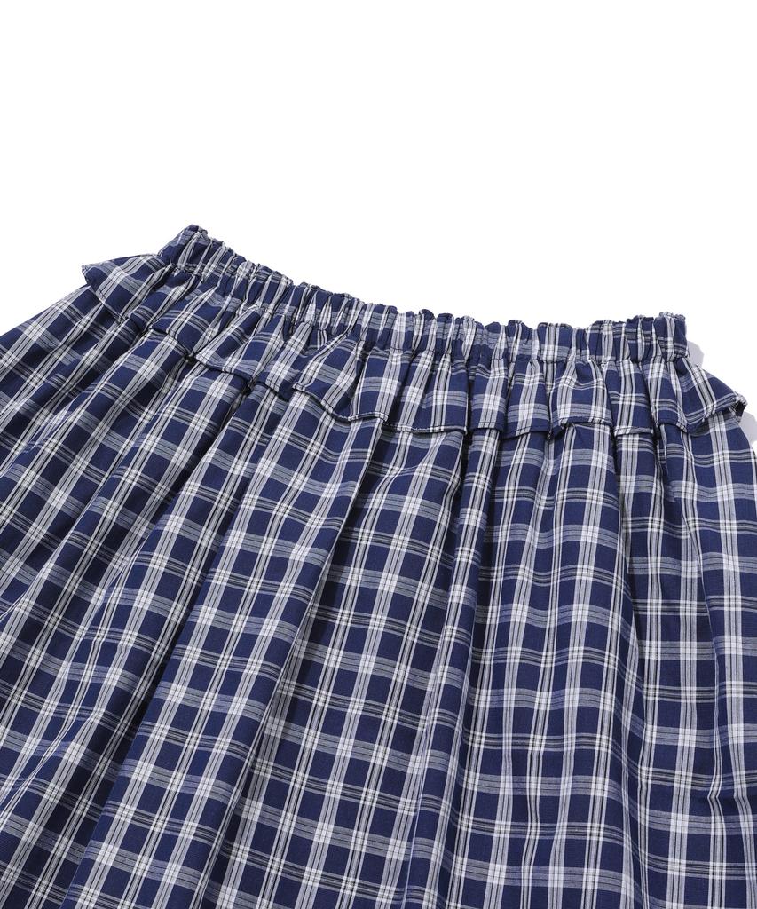 Wondeobijiteo Check Flare Midi Skirt [Navy]
