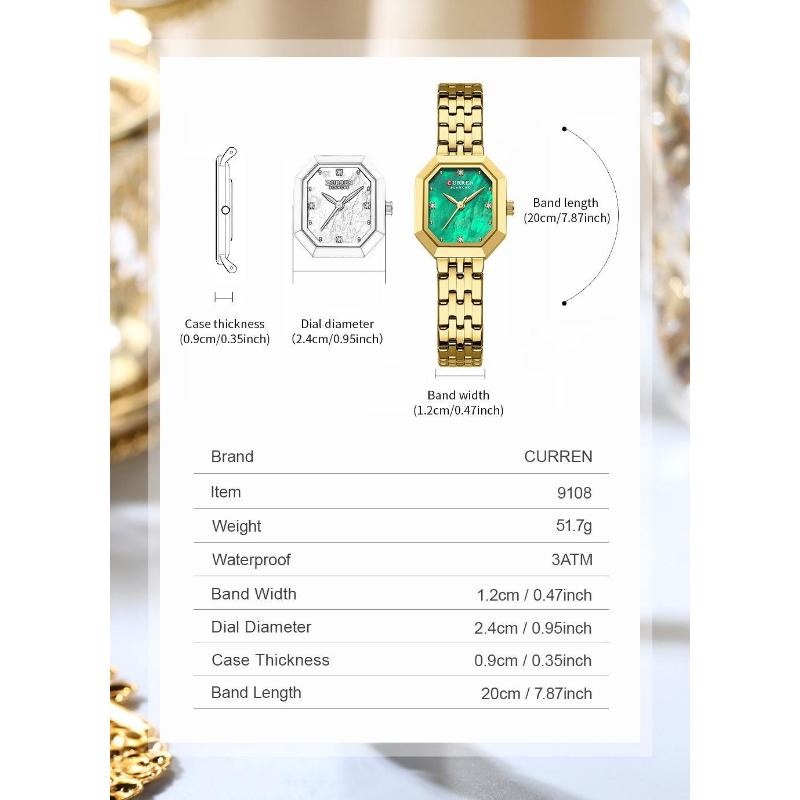 CURREN Luxurious Elegant Women's Watches Classic Rectangular Dial with Rhinestones Stainless Steel Waterproof