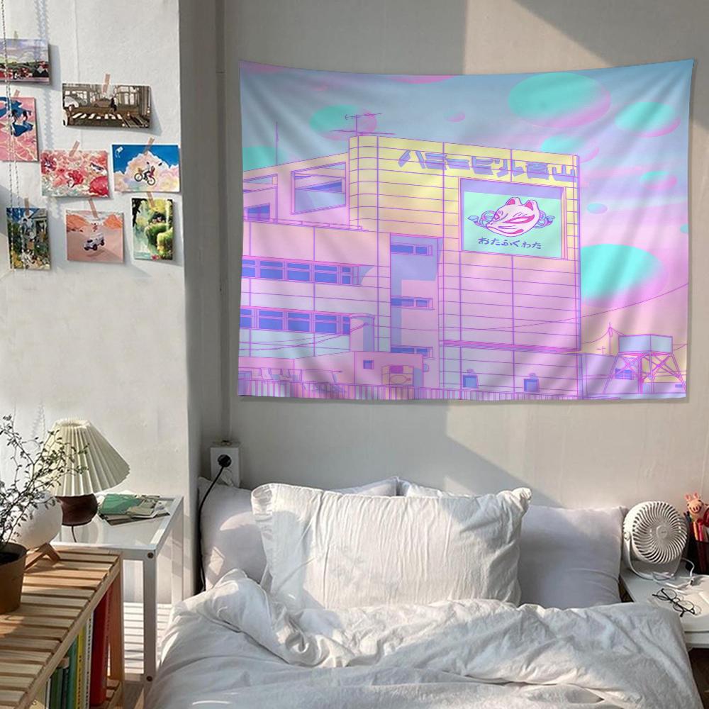 80S Vaporwave Style City Night Street Cat Cartoon Tapestry Wall Hanging Decoration Household Home Decor