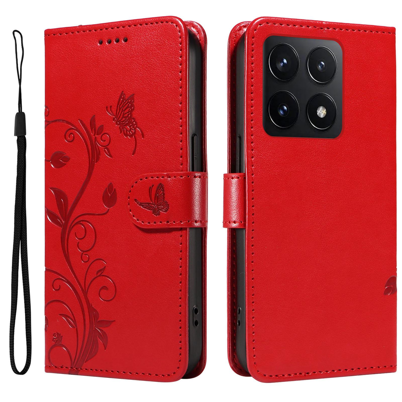 

Для Xiaomi 14T Чохли з ПУ шкіри з квітковим візерунком Гаманець Підставка Чохол для телефону з ремінцем Red