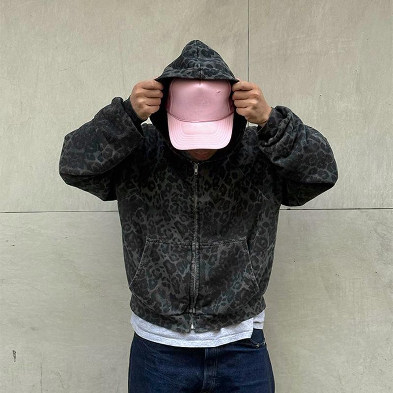 European and American autumn and winter retro loose trendy printed hooded zipper sweatshirt