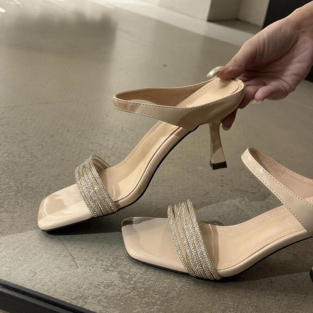 French rhinestone square toe cool slippers women's outer wear 2025 summer new versatile stiletto high heel one-word sandals