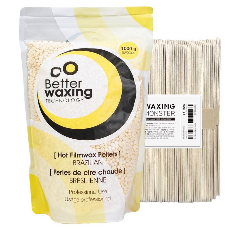 Barrel Waxing Hard Pellet Brazilian Wax for Short and Coarse Hair 1kg + Waxing Monster Spatula L, 100 Pcs X 1 Sets