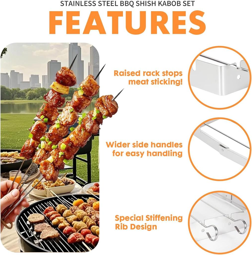 Skewers Kabob Rack Stainless Steel Reusable Barbecue BBQ Long Skewers Holder for Grill Meat Chicken