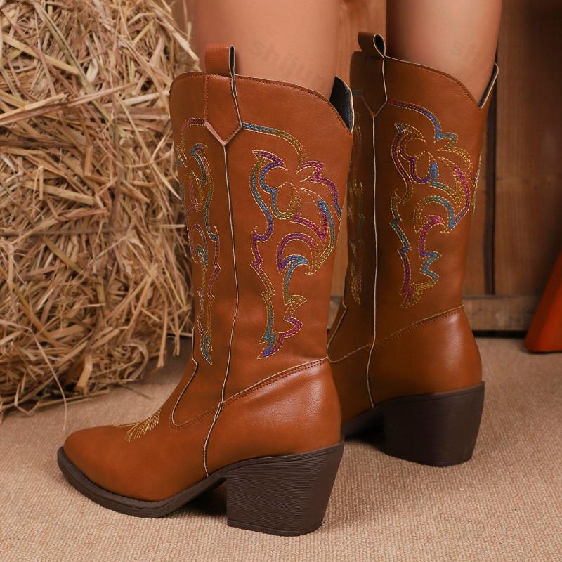 Women's Mid Calf Boots 2026 Autumn Winter Embroidery Vintage Knight Boots Pointed Toe Non Slip Luxury Chunky Heels Shoes