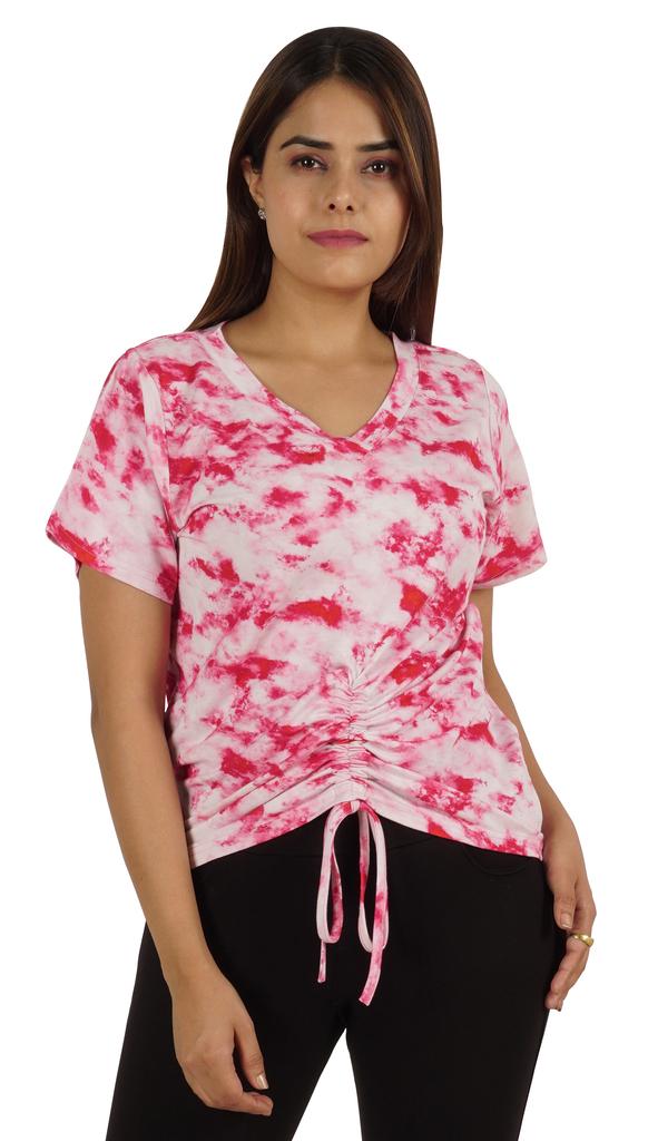 Moomaya Tie Dye Short Sleeve Ruching Tops For Women V-Neck Casual Jersey Tee