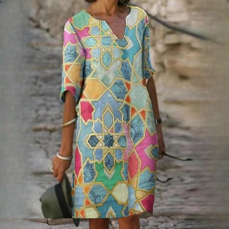 IHUASU Damen Sommer Bedruckt Lose Bambusfaser Leinen Blumen Kurzarm Damen Vintage Literatur Rundhals Fünf Punkte Ärmel