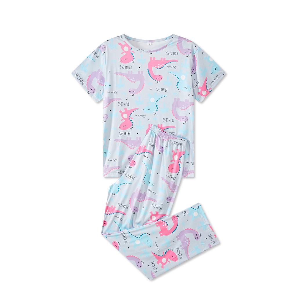 European and American Style Women's Fashion Spring Loungewear 2 Piece Short Sleeve Long Pants Pajamas Set Floral Print Homewear