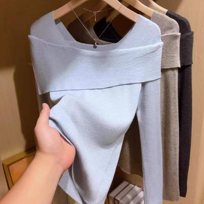 Premium-Gefühl Ein-Wort-Schulter weich wachsartig gestrickter Pullover Damen Frühling Schlank geschnitten Spice Girl Langarm Basisshirt Oberteil