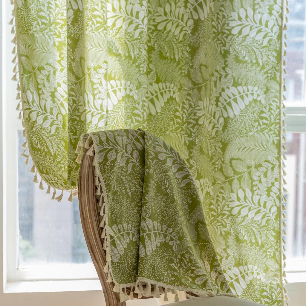 Green Vintage Pastoral Leaf Print Semi Blackout Curtains with Tassel Lace Bohemian Window Decoration for Living Room Drapes