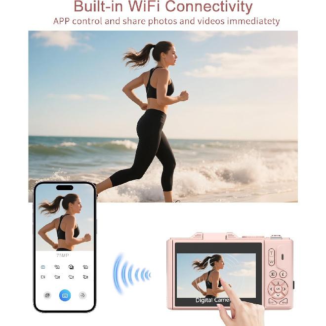 FLATIC Digital Camera, 5K 75MP Cameras for Photography with WiFi & 64GB TF Card, Autofoucs Vlogging Camera for YouTube with 180° Flip Screen,