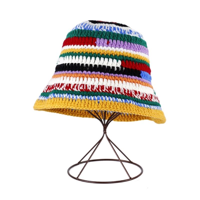 

Popular Female Hat Knitting Bucket Hat Handmade Crochet Rainbow Fisherman Hat Women Girl Photo Beanie Warm Striped Cap