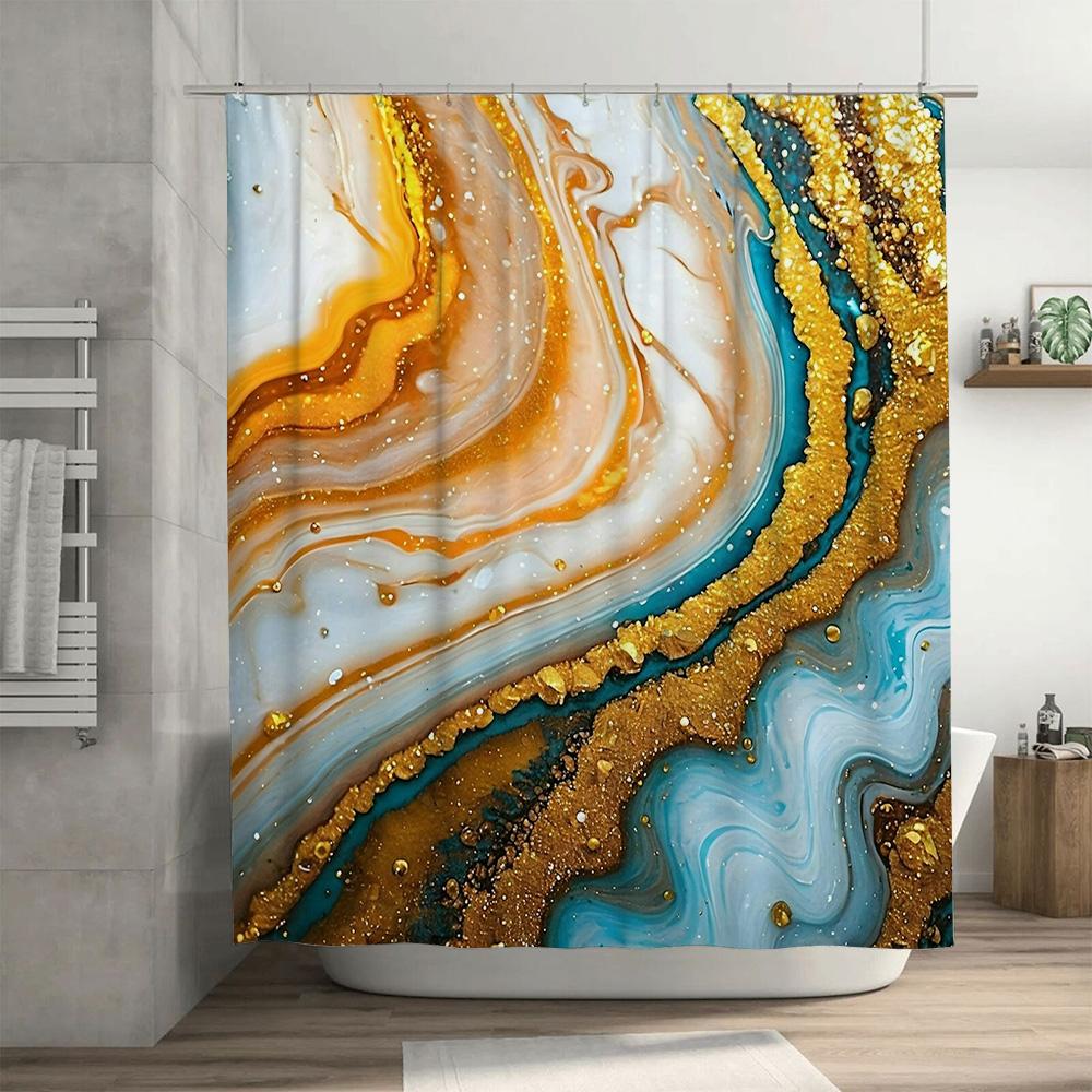 Vibrant Modern Bath Shower Curtain Geode Marble Print In Blue And Gold For Bathroom Decor