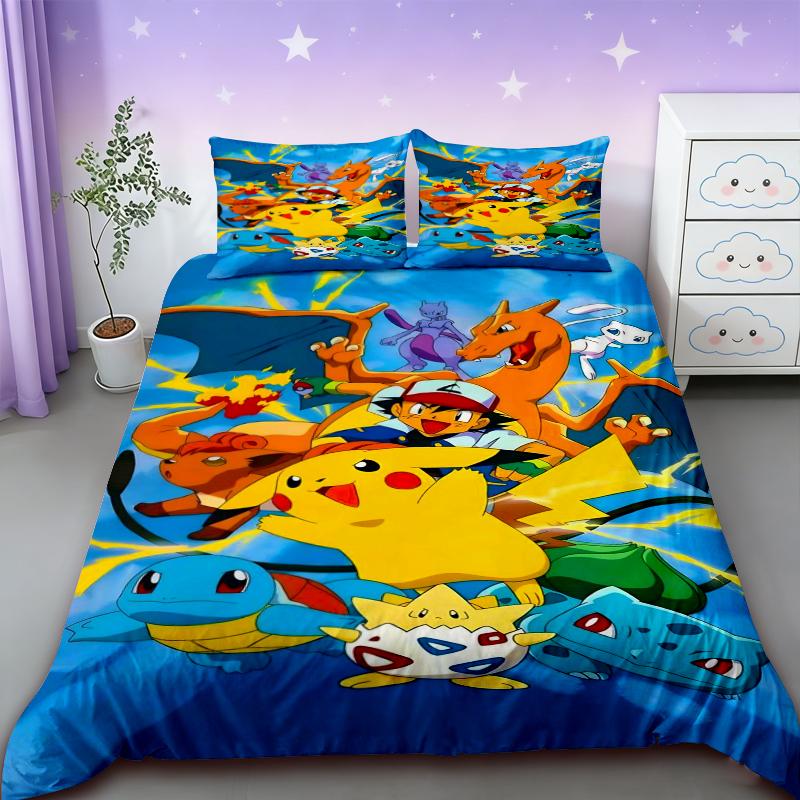 Conjunto de Roupa de Cama Pokemon Desenho Animado Anime Quarto Infantil Capa de Edredom Menino Menina Roupa de Cama Solteiro Casal King Capa de Edredom Pikachu Presente