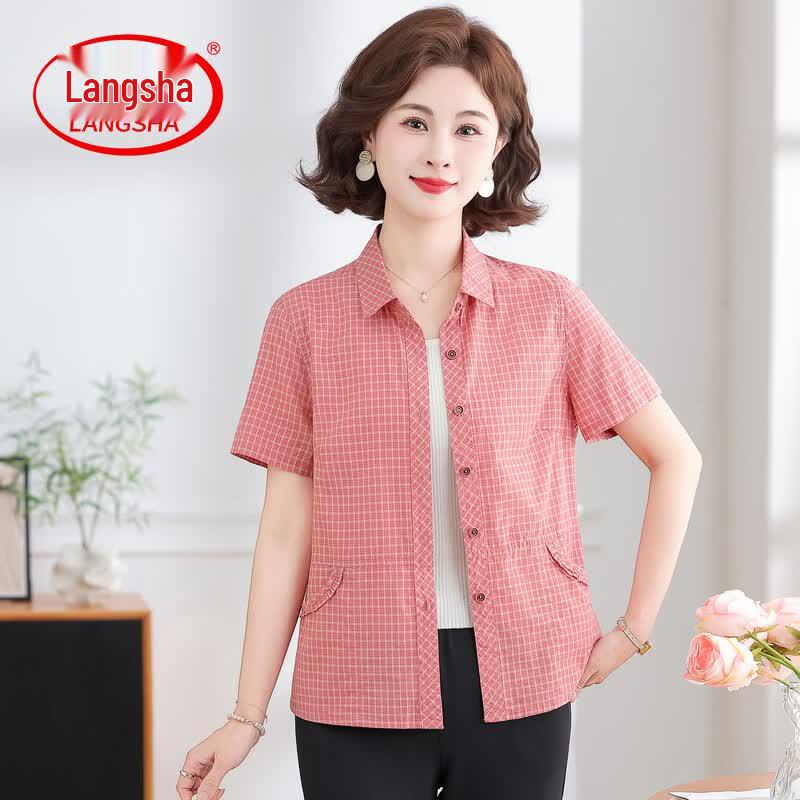 Langsha Women s Plaid Short Sleeve Cardigan Shirt 2XL