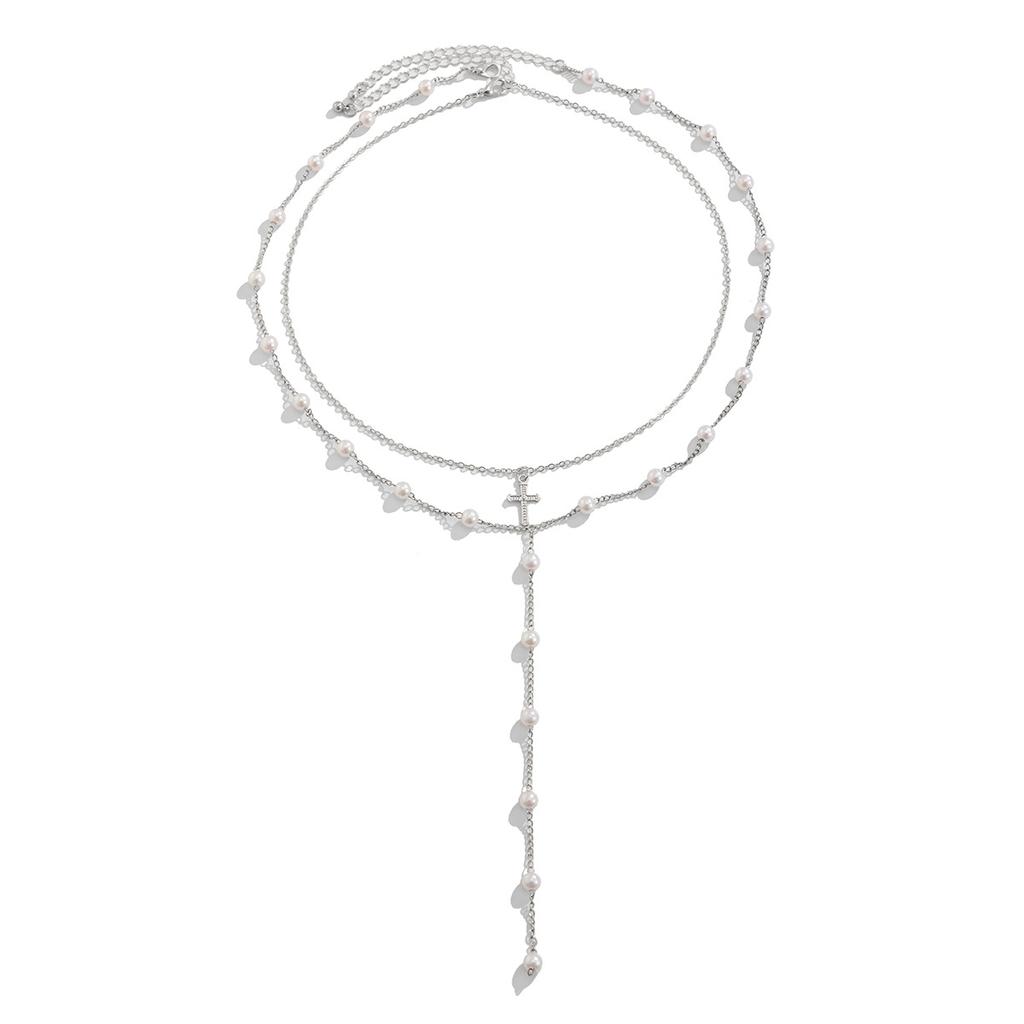 Temperament Imitation Pearl Chain Long Fringed Necklace, Simple Cross Pendant Collarbone Necklace