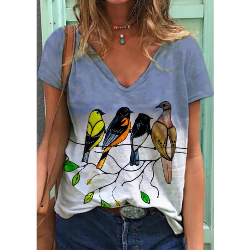 Summer V-neck 3D Bird Printed Top Fashionable Casual Short Sleeved Women's T-shirts
