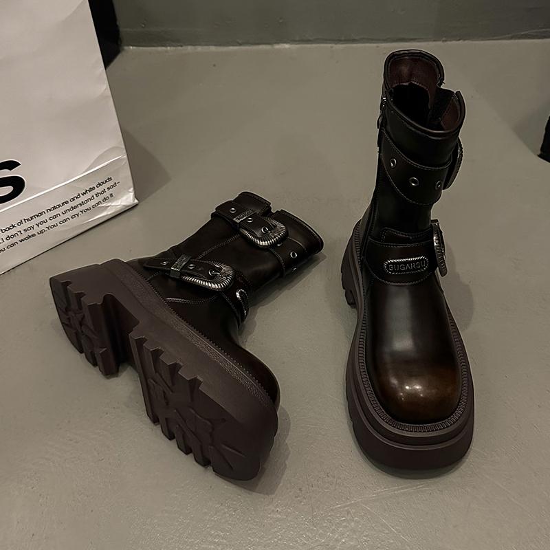 fashion women's boots round toe mid heel shoes for women outdoor fashion platform shoes zip metal decoration mid-calf goth modern boots