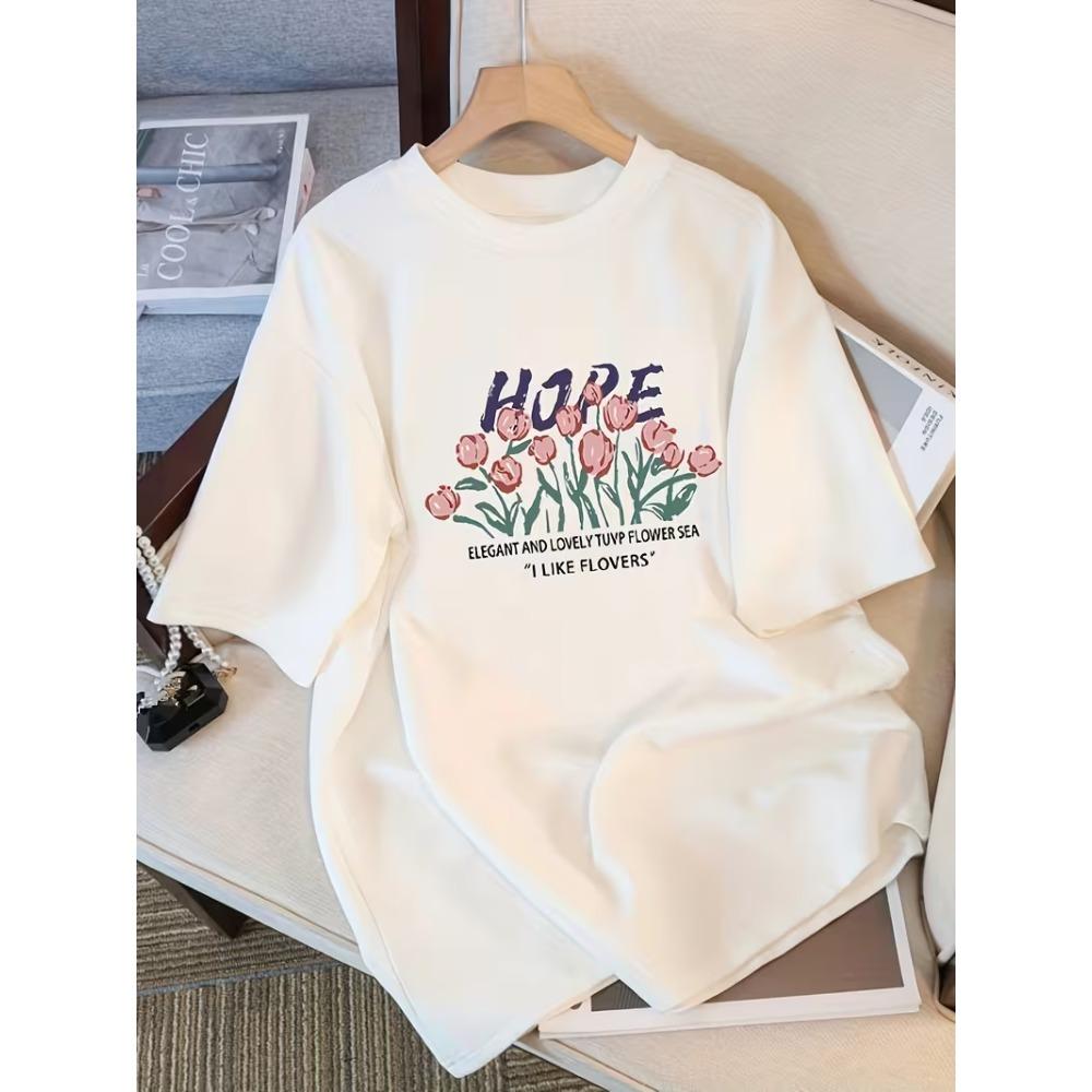 Spring and Summer Tulip T Shirt Casual Floral Print Short Sleeve Crew Neck Soft Breathable Eco Friendly Women Everyday Wear S