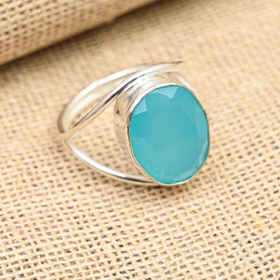 Blauer Chalcedon-Edelstein, handgefertigter Ringschmuck aus 925er Sterlingsilber für Thanksgiving