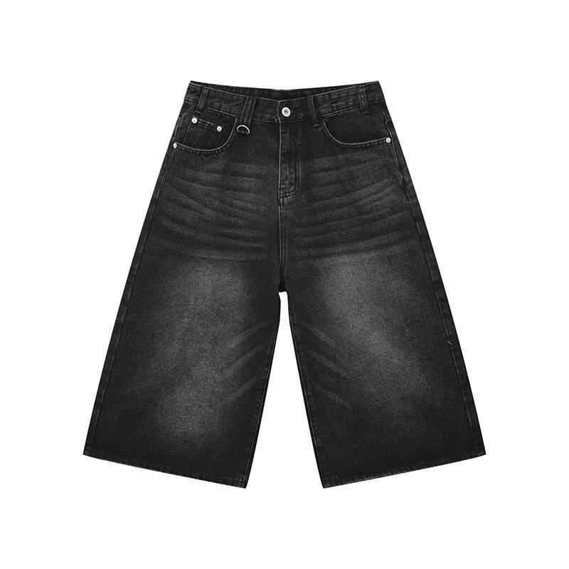 Men's Dark Blue Denim Wide-Leg 7-Point Shorts - Trendy, Loose, and Versatile Summer Wear