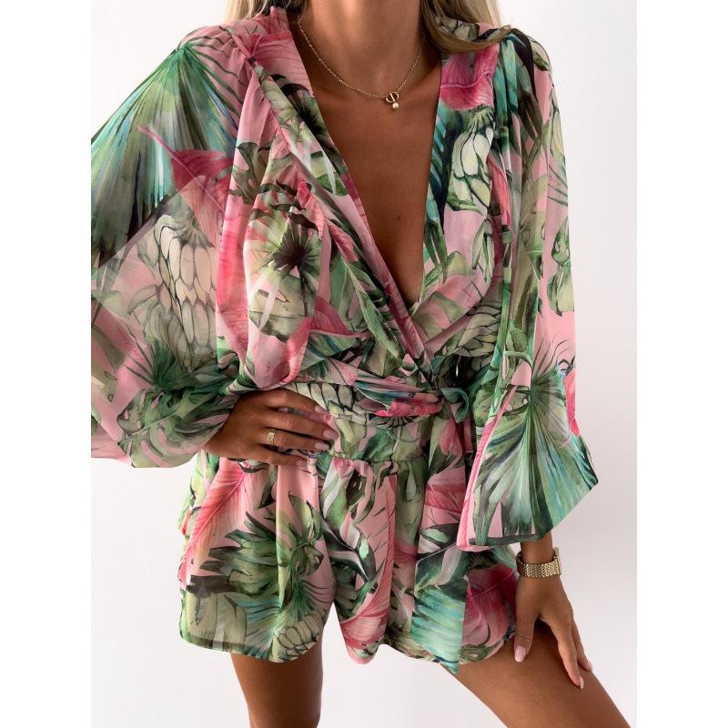 

Fall Long Sleeve Shorts V-Neck Jumpsuit Set Women XL зелёный