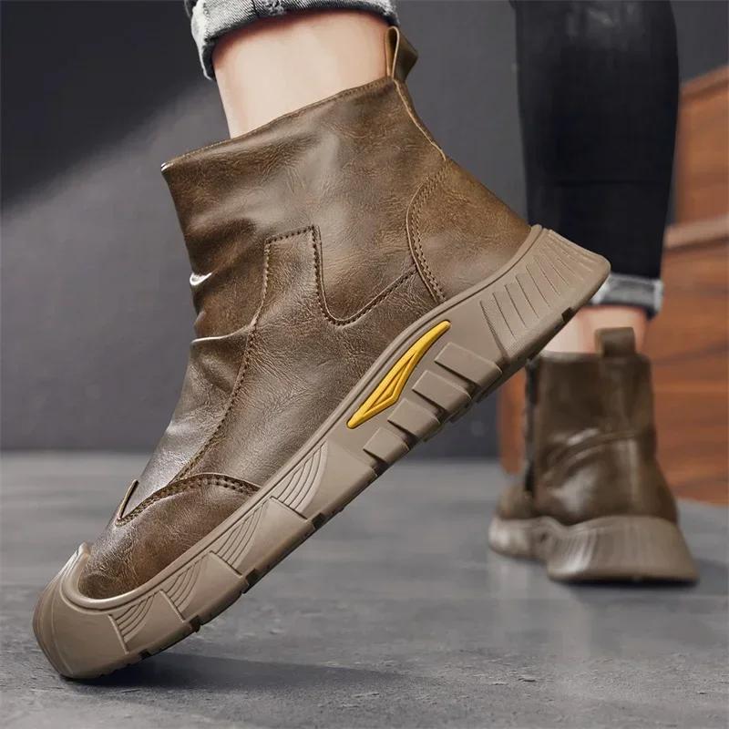 New Retro Men's Ankle Boots with Zipper, Casual High Top Men's Hiking Boots, Classic Leather Boots, Fashionable Motorcycle Shoes