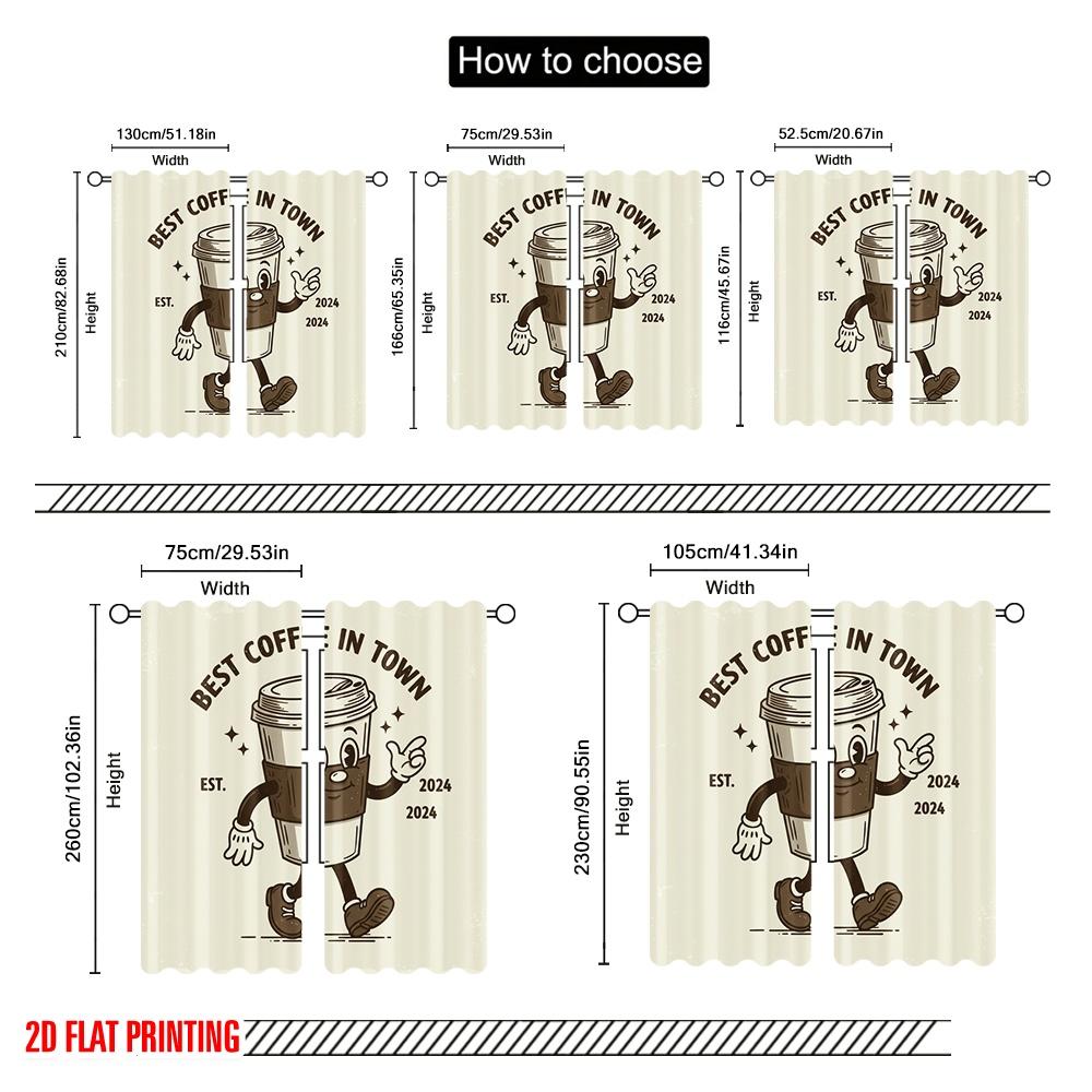 2pcs 2D flat printing Window Treatment Curtains Retro Coffee Character 100% Polyester Without Electricity 0 for Living Room